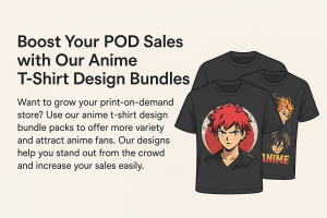 Anime-themed POD product designs using high-quality PNGs, showcasing unique anime characters on t-shirts, phone cases, and posters.